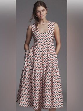 Anthropologie Coral and White Square-Neck Tiered Midi Dress. NWT